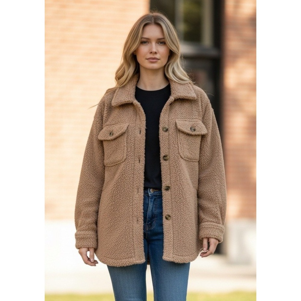 Natural Reflections Sherpa Fleece Shacket Jacket Taupe Warm Button Front Size M